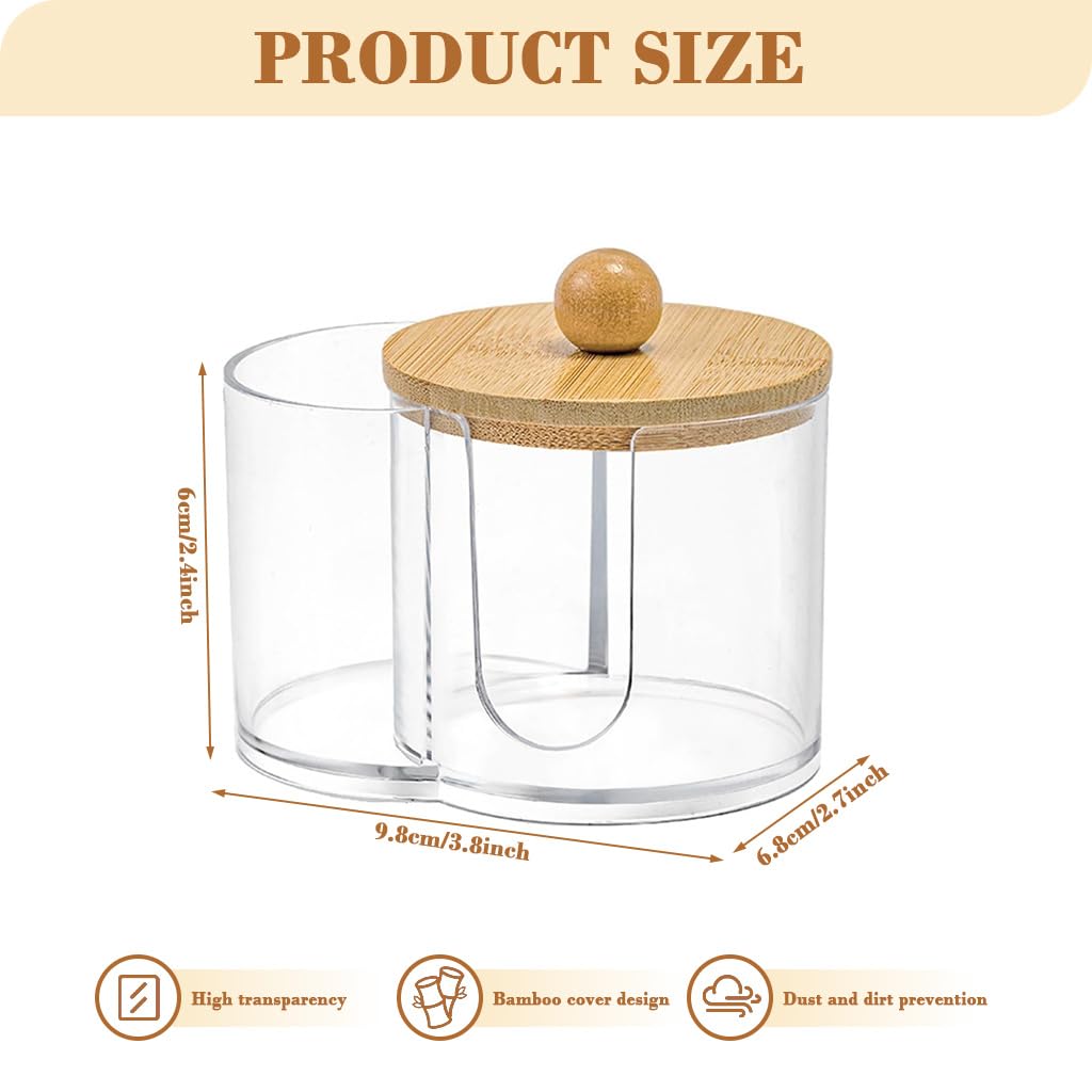 HASTHIP Cotton Swab Holder for Bathroom and Vanity featuring 2 in 1 Clear Organizer Box with Wooden Lid