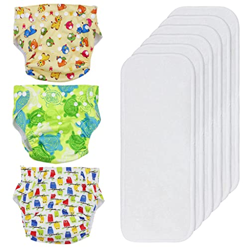 SNOWIE SOFT® Adjustable Cloth Diapers 0-3Yrs Pack of 3 with 6 Bamboo Inserts, Waterproof Reusable Diaper Covers, Breathable Eco-Friendly Nappies for Infants to Toddlers