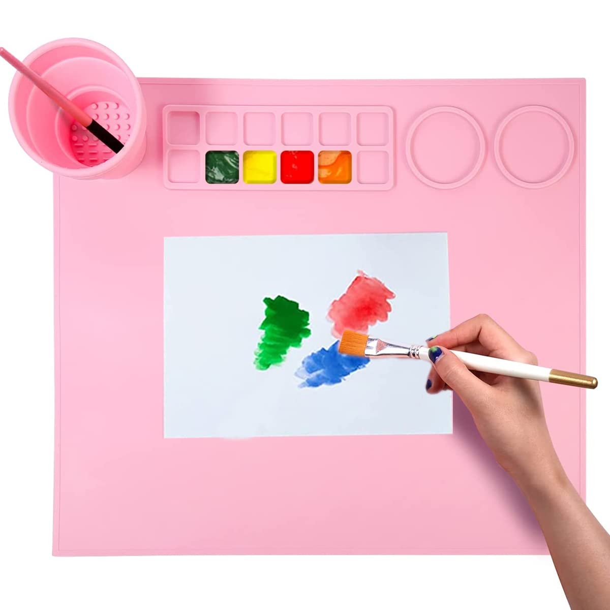 HASTHIP 50 * 40cm Silicone Craft Mat for Painting Play Doh and Clay for Kids, Non-Stick Multipurpose Silicone Sheet with Cleaning Cup and Palette for Arts and Crafts, Painting, Resin Casting