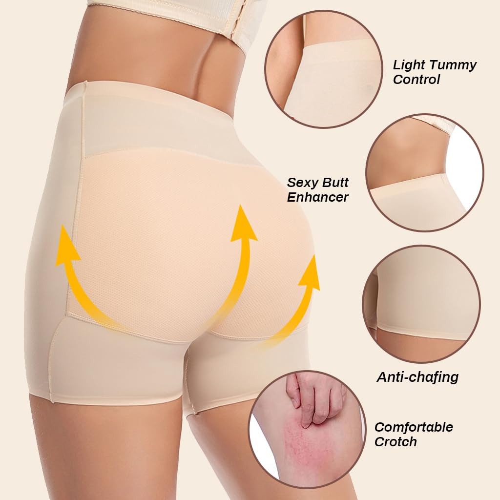 PALAY Butt Lifter Padded Underwear for Women with 3D Hip Pads Beige 3PCS | Seamless Shapewear Shorts