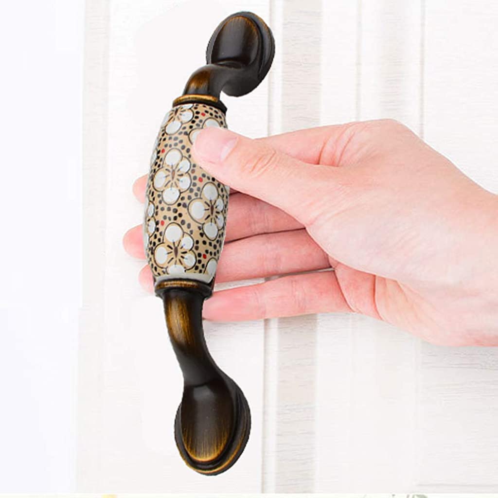 HASTHIP 2PCS Ceramic Door Handle Gold Antique Finish, Zinc Alloy Antique Bronze Plated for Wood Wardrobe Cabinet Drawer Home Decoration with Screws (Size 5.67 Inch, Yellow Flower Hand Painted)