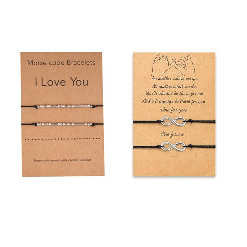 Zibuyu Couple Bracelet Set for Love and Friendship with Infinity Symbol & Morse Code | 4PC Adjustable Stainless Steel Gift for Women and Men