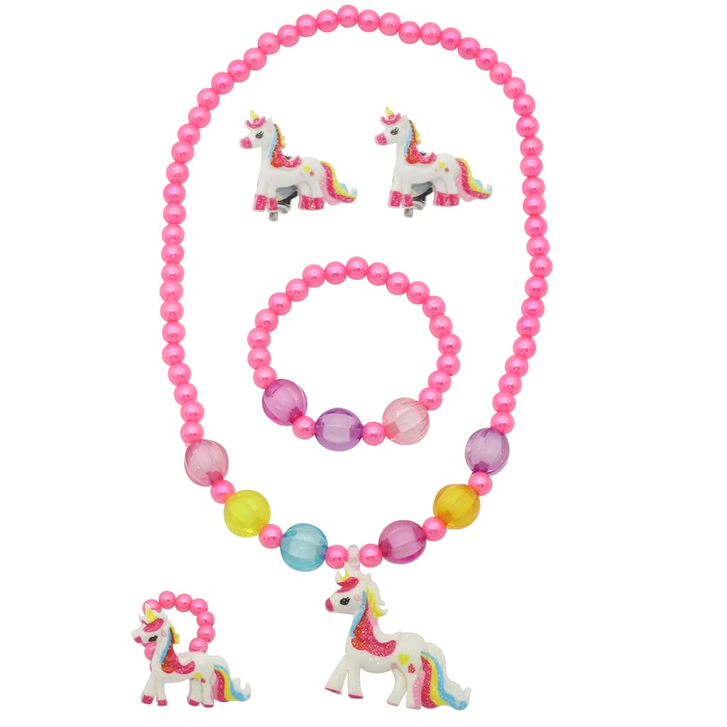 ZIBUYU® Unicorn Necklace with Bracelet Set Colorful Beads Necklace for Girl Princess Party Kids Jewellery for Girls Dress up Unicorn Bracelets for Girls (Combo of 4)