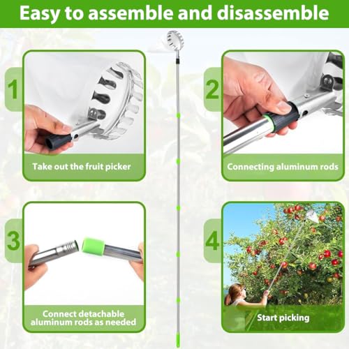 HASTHIP® Fruit Picker Tool 10.5ft Fruit Plucker with Extendable Alloy Material Telescopic Pole Equipped with Net and Tree Stick Easy to Assemble 3 PCS