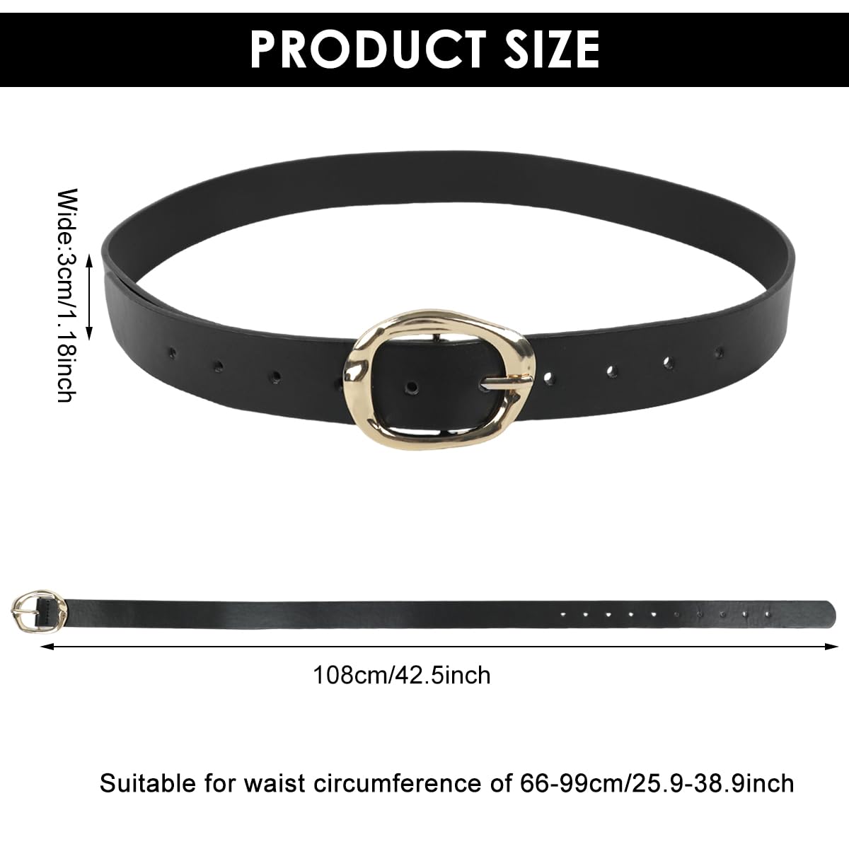 SANNIDHI Black Belt for Women featuring Tuck and Pin Closure with Golden Buckle | Adjustable 112cm PU Leather Waist Belt for Dresses and Jeans