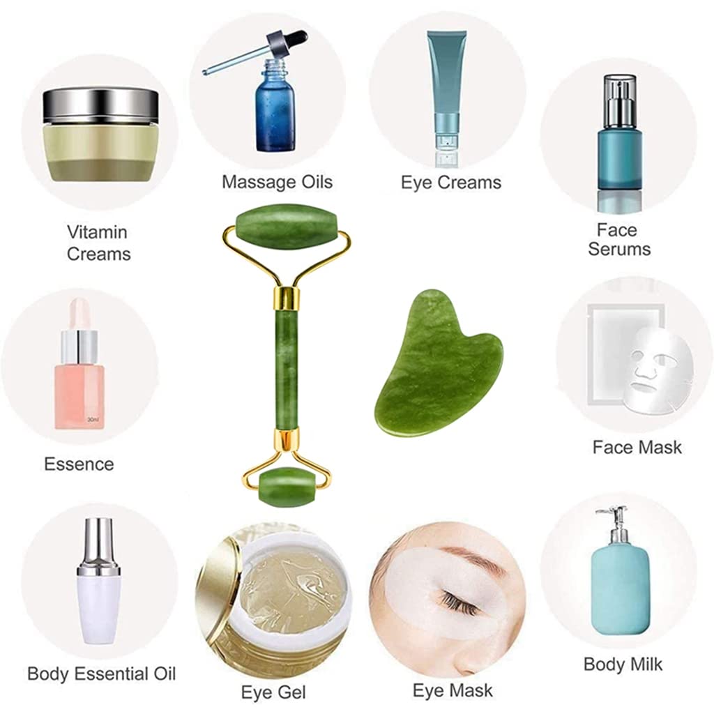 MAYCREATE Jade Roller and Gua Sha Set with Dual Head Roller & V Curve Board for Facial Massage