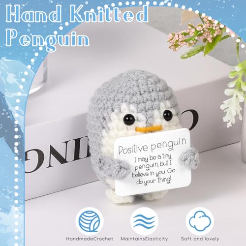 ZIBUYU® Handmade Crochet Penguin Desk Decor with Positive Message Card Cute Motivational Toys Gift for Office Home Baby Nursery Grey 3PCS