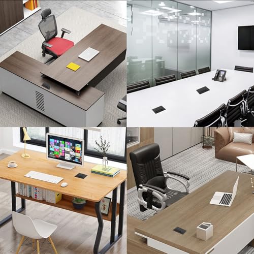 HASTHIP® Desk Hole Cap 80x80mm Black Square Aluminium Cable Management Cover with Flip Lid Dust-Proof Brush for Office PC Workspace Organization 3PCS