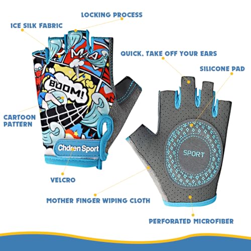 Proberos® Surfing Boy Kids Bike Gloves Size S for 4-8 Years Old Anti-Slip Breathable Fingerless Cartoon Print Riding Sport Children's Bicycle 3PCS