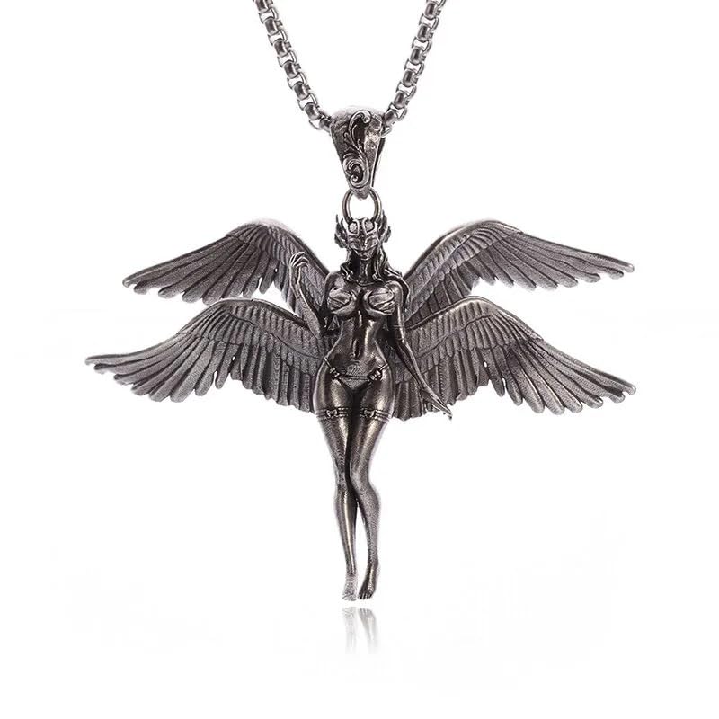 Proberos® Angel Necklace for Men Women Retro Stainless Steel Guardian Angel Pendant Necklace Amulet Jewelry Gift