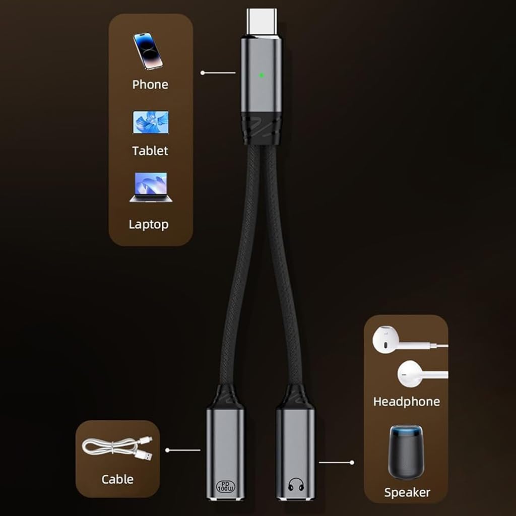 Verilux USB C to 3.5mm Audio Adapter with 60W PD Fast Charge and Smart DAC Chip | Aluminum Alloy