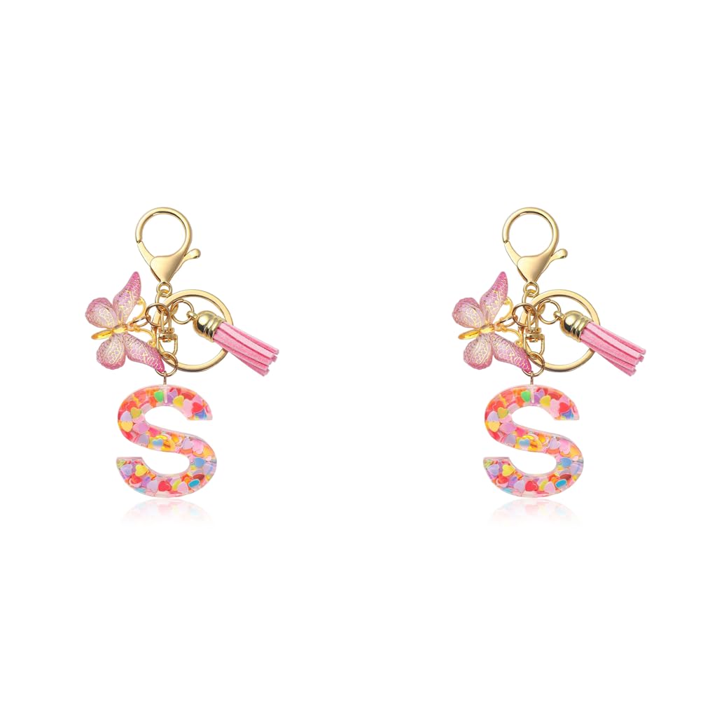 ZIBUYU Letter S Keychain for Bags and Backpacks featuring Pink Butterfly Clear Resin | 2 PCS Gift for Girls