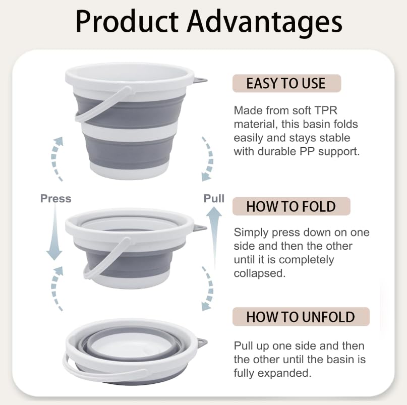 ZIBUYU Foldable Bucket for Camping and Car Wash with Ergonomic Handles | 10L PVC Grey