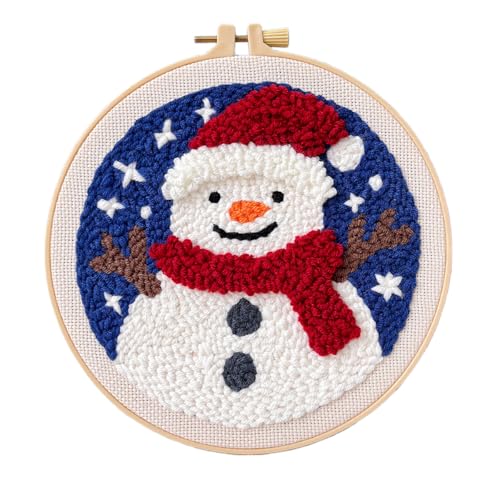 HASTHIP® DIY Snowman Punch Needle Art Kits, Festive Activity for Kids & Adults, Easy and Fun Punch Needle Gift Desk Decor, with Yarn, Pre-Paints Canvas, Embroidery Hoop, Step by Step Tutorial