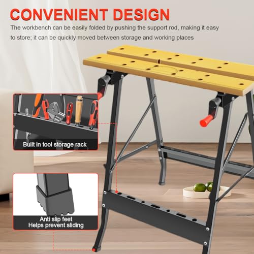 Serplex® Woodwork Bench Portable Wood Workbench, Folding Workbench with Crank Handles, Etched Ruler Design, Multi Work Bench with Tool Storage Slots, for Sawing, Drilling, Sanding,