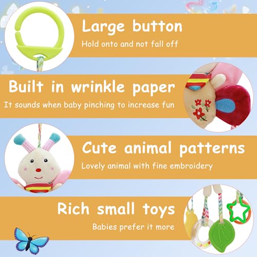 PATPAT® Hanging Toys for Babies 0-6 Months, New Born Baby Toys Rattle Crinkle Squeaky Toy Car Seat Plush Stroller Toy with Teethers Plush Butterfly C-Clip Ring for Infant Babies 3 6 9 to 12 Months