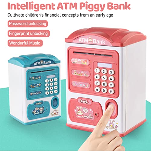 PATPAT® Electronic ATM Piggy Bank for Kids, Money Bank with Password and Fingerprint Lock, Automatic Paper Money Saving Box with Music, Gift Toy for Kids Boys Girls Children's Day Gift, Pink