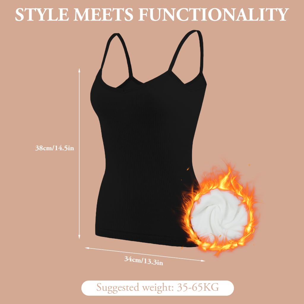 ZIBUYU Thermal Top for Women featuring V Neck Fleece Lined Cotton Tank in Black | Warm Slim Fit Base Layer
