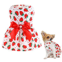 Qpets® Summer Female Dog Dress for Small Dogs Kitten Dog Clothes Clothing Cute Strawberry Bow Print Princess Dress for Puppies, Kittens, Chihuahua, Maltese, Pug, Papillon(Suitable for 3-3.5kg)