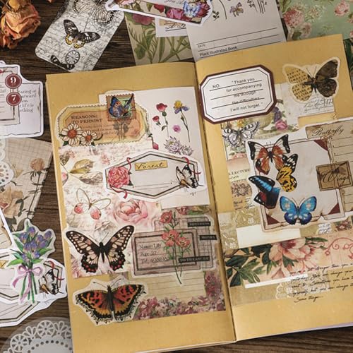 HASTHIP® 780PCS Sheets Vintage Journaling Supplies Scrapbook Paper Kit Aesthetic Floral Elements Washi Tape Stickers Material Papers PET for Junk Journals Planner Retro Craft