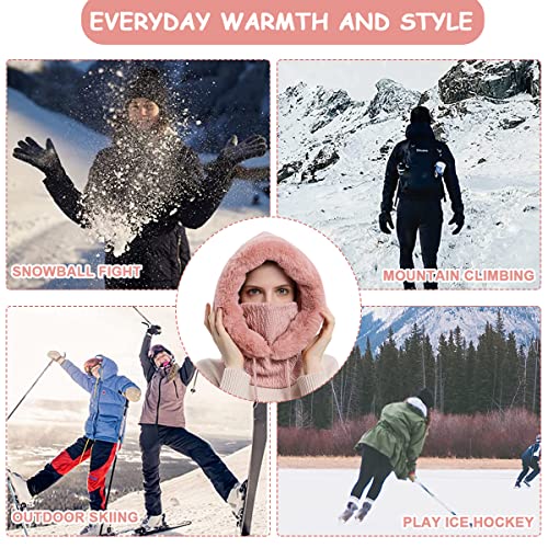 PALAY® Winter Caps for Women Girls One-piece Knit Thick Warm Winter Hat with Neck Hood Scarf & Windproof Mask, Fashion Snow Proof Fleece Lined Winter Hat for Outdoor, Riding, etc (Pink)