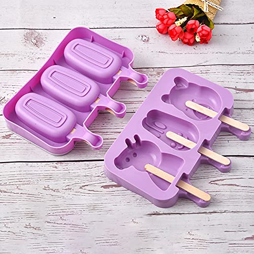 HASTHIP® Cartoon kulfi Ice Cream Mold, Popsicle Mould Silicone, 2 Pieces in 6 Slots, with 100 Wooden Sticks, Reusable, Ice Cream Popsicle Maker, Easy Release