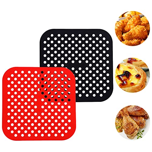 HASTHIP® 2Pcs Air Fryer Liners, 8.5 Inch Air Fryer Silicone Baking Tray, Air Fryer Accessories, Non-Stick Air Fryers Basket Oven Accessories, Square Air Fryer Oven Pads (1 Red + 1 Black)