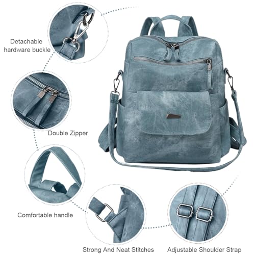 PALAY® PU Leather Backpack for Women Travel Vintage Caramel Color Shoulder Bags Soft Briefcase Sling Handbag Men Blue 3 PCS