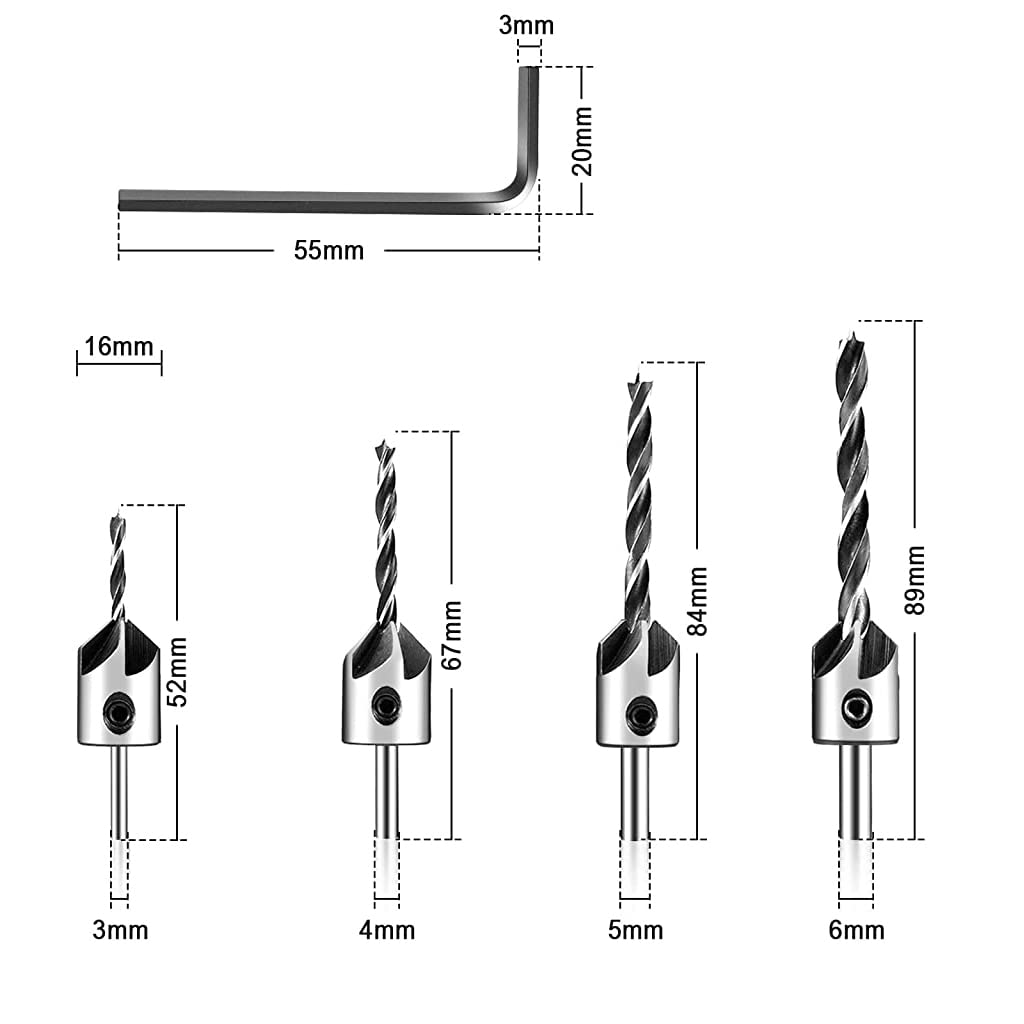 ZORBES Countersink Drill Bits Set Woodwork, PVC, Plywood Chamfer High Carbon Steel Drill Bits for Wood Drill Bits Set 3mm 4mm 5mm 6mm with Hex Key - 4 Pcs