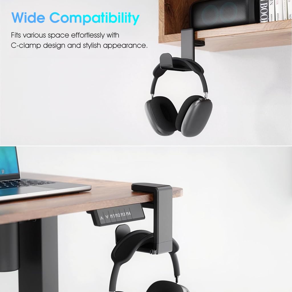 ZORBES® Underdesk Headphone Holder 360° Rotatable Headphone Hanger with Cable Slot Adjustable Clip-on Desk Headphone Hook Universal Underdesk Organizer Hook for PC Desk, Office Desk