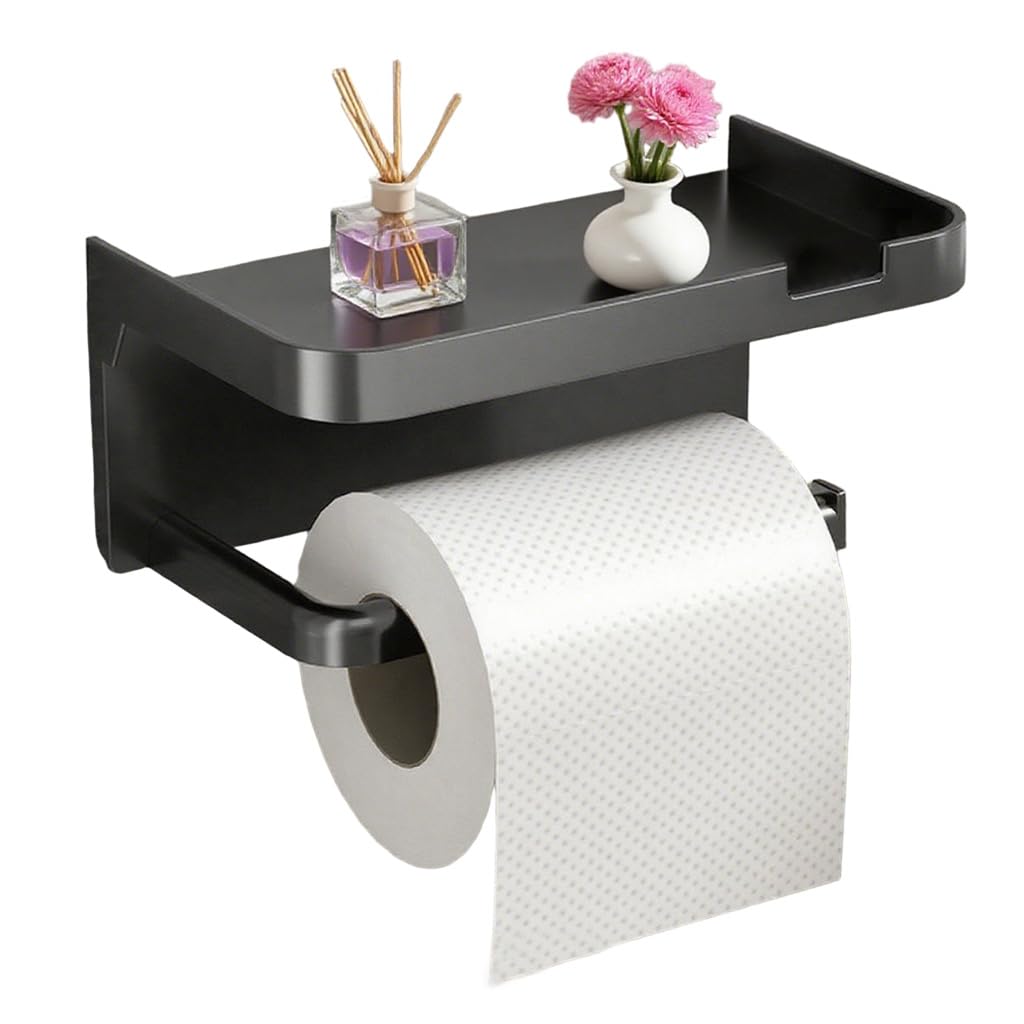 HASTHIP Toilet Paper Roll Holder for Bathroom with Mobile Shelf and Self Adhesive Mount 18x10x8cm Black