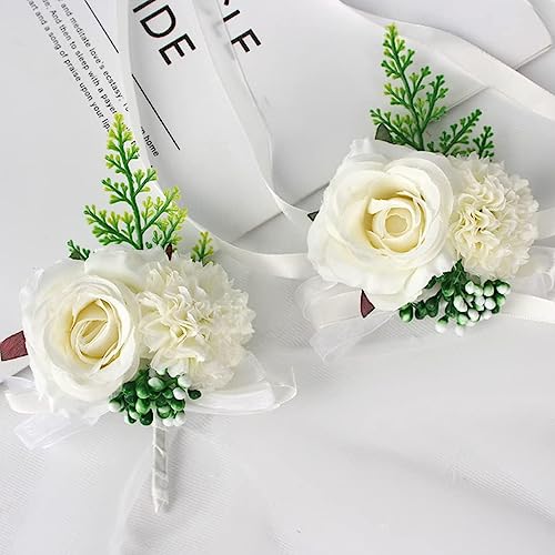 PALAY® 2pcs Rose Corsage Pearl Bracelet Pink Floral Wrist Corsage Bracelet Elastic Pearl Bracelet Elegant Cloth Flower Wrist Bracelet for Brides, Bridesmaids Brides Accessory for Wedding Party, Prom