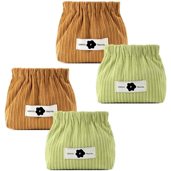 MAYCREATE Corduroy Small Pouches for Travel Essentials with Spring Open Design 13x12x5cm | Coffee and Green Set