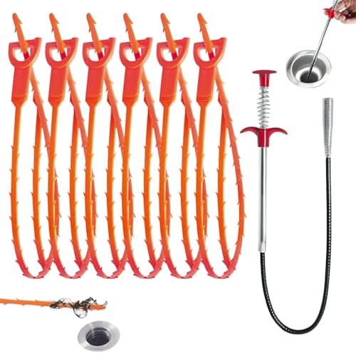 HASTHIP 23.6-Inch Drain Cleaner Sticks with 6 Pcs 20-Inch Hair Drain Clog Remover Tool, Flexible Pipe Cleaner for Hair, Grime, and Blockages in Sewer, Kitchen Sink, Floor Drain, Toilets, Showers