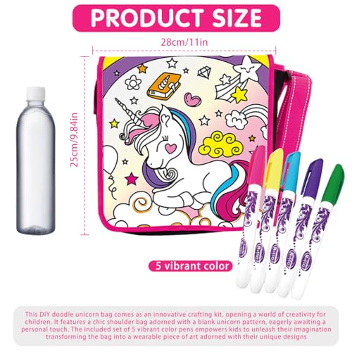 PATPAT® DIY Unicorn Crossbody Bag Kit Coloring Unicorn Print Bag Kit with 5 Color Pens Paint Your Own Doodle Unicorn DIY Messenger Bag with Adjustable Strap Gift for Girls Ages 6-9