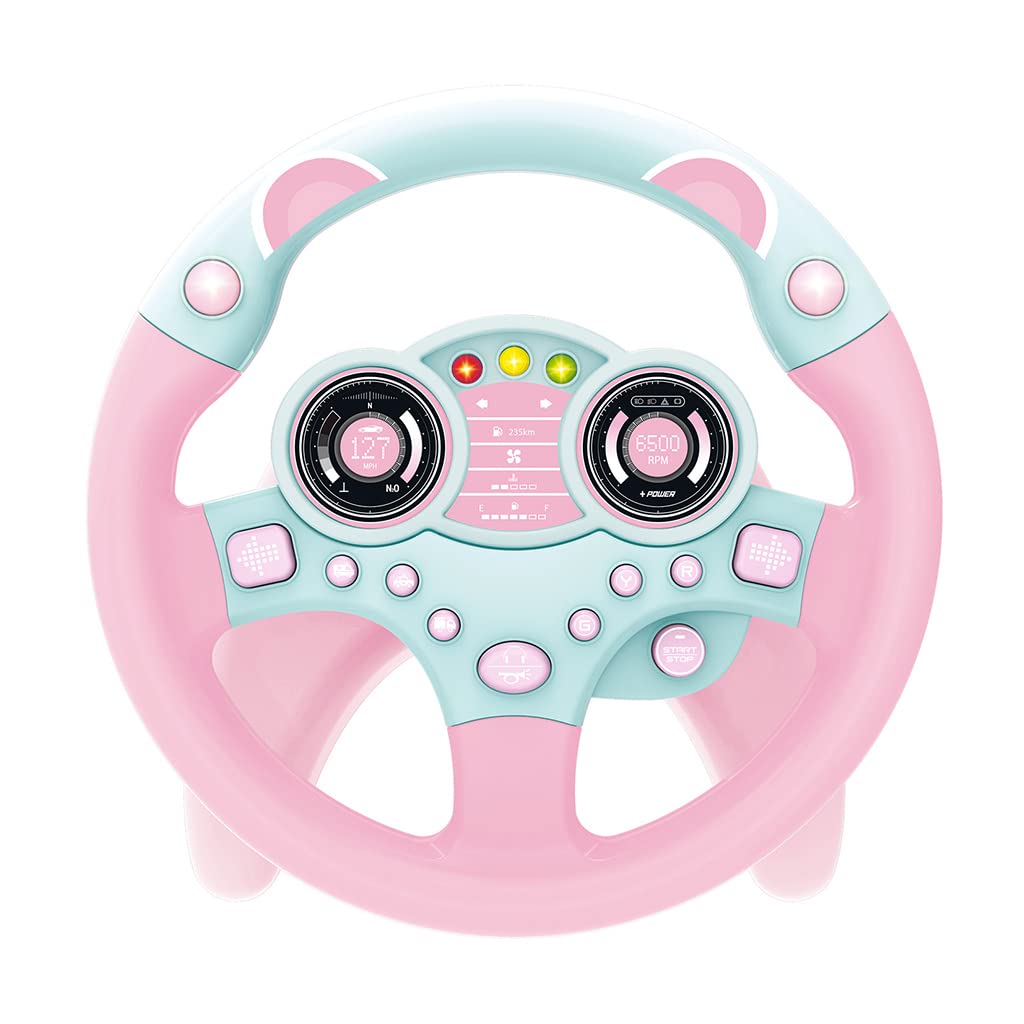 PATPAT  Steering Wheel Toy for Kids, Music Driving Simulation Racing Play Learning Educational Toys for Baby Girls Boys 1-3 Years Old, Music Toy for Baby Steering Wheel Mountable on Crib (Pink)