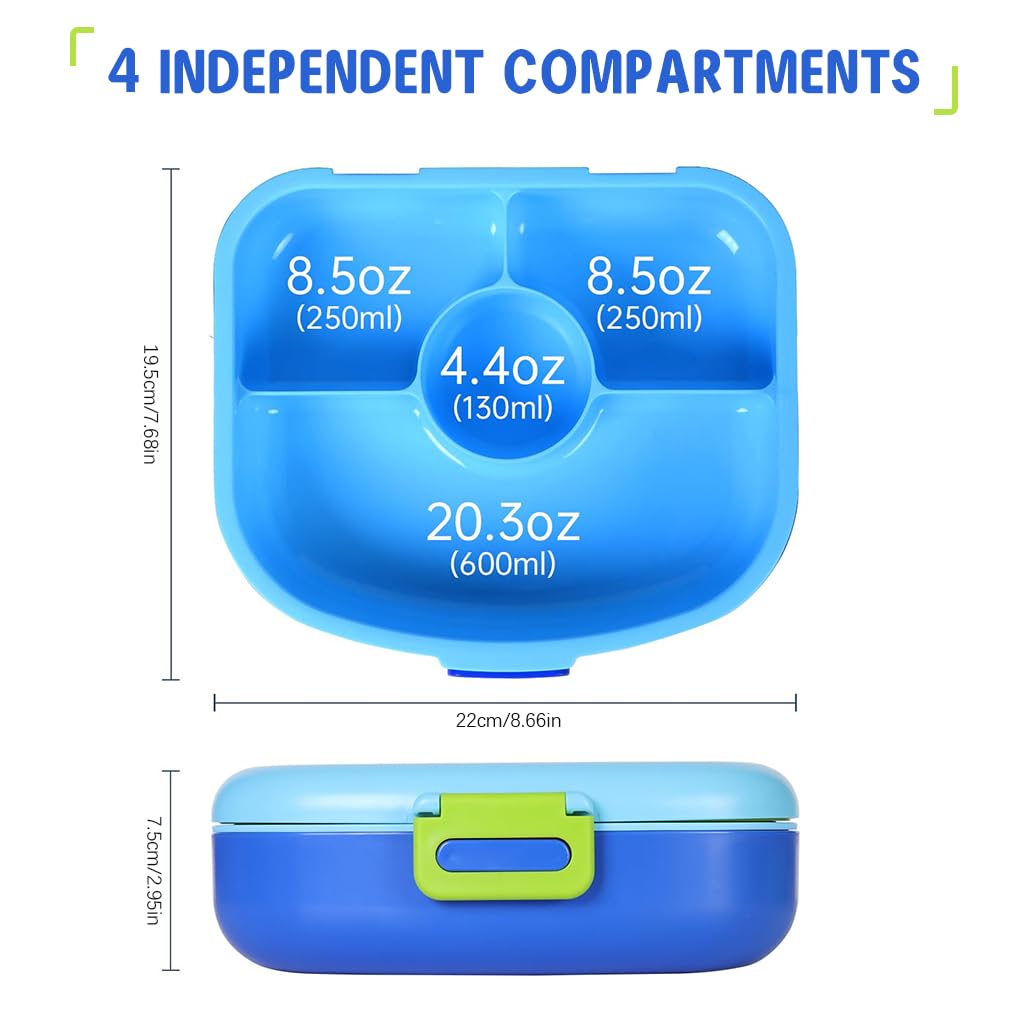 Supvox® 1.3L Kids Lunch Box with Handle 4-Compartment Bento Box with Fork & Spoon Water Steam Heating Lunch Box Leakingproof Portable School Lunch Box Food Grade PP Heat Resistant Lunch Box