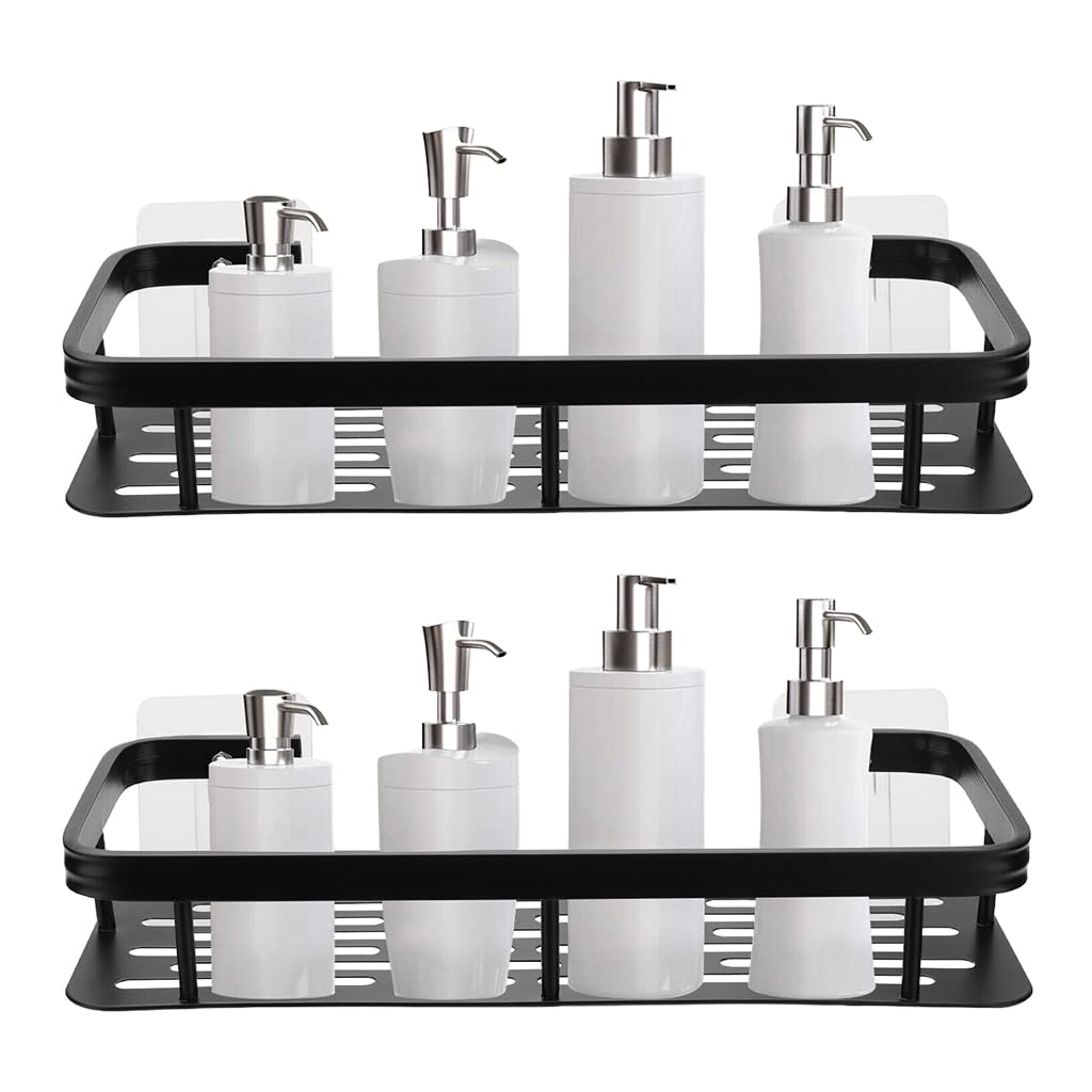 Zibuyu Bathroom Shelf for Wall with Self Adhesive Mount and Quick Drain Aluminum Rack 30.5x13x5.5cm | 2 Pcs Space Saving Storage