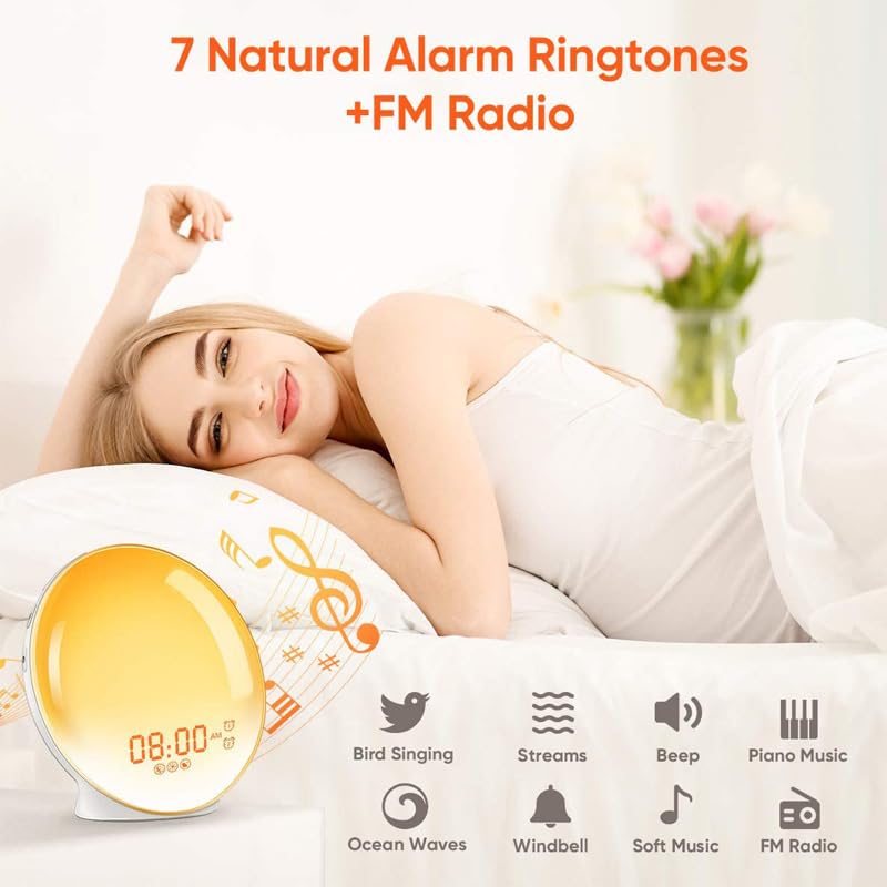 HASTHIP® Wake Up Light Sunrise Alarm Clock for Kids, Heavy Sleepers, Bedroom, with Sunrise Simulation, Sleep Aid, Dual Alarms, FM Radio, Snooze, Nightlight, Daylight, 7 Colors, 7 Natural Sounds