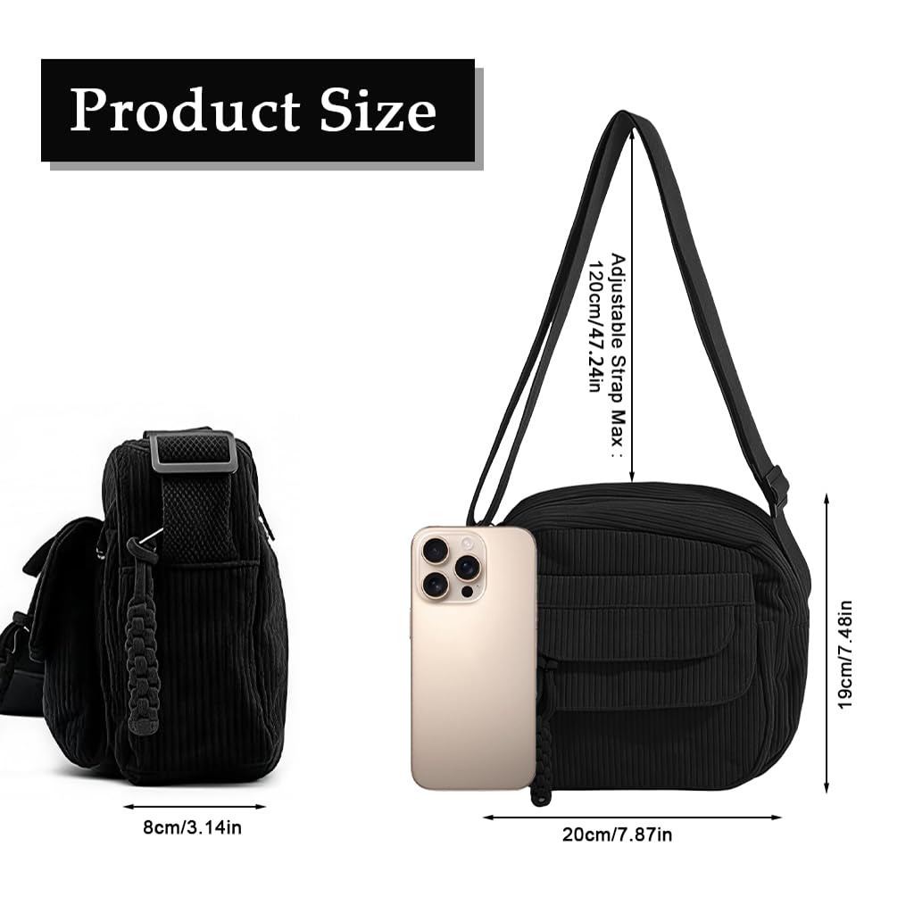 Zibuyu Small Corduroy Sling Bag for Women with 3 Zipper Pockets and Adjustable Strap | Black Compact Everyday Purse