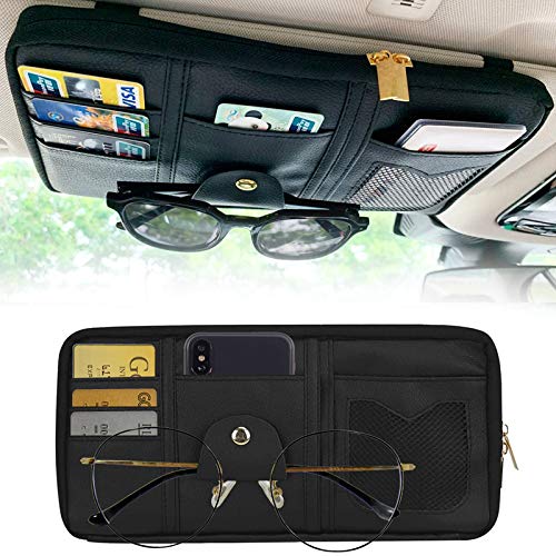 STHIRA® Leather Car Sun Visor Organizer Auto Interior Accessories Pocket Organizer Truck Storage Pouch Holder with Multi-Pocket Net Zipper (Black)