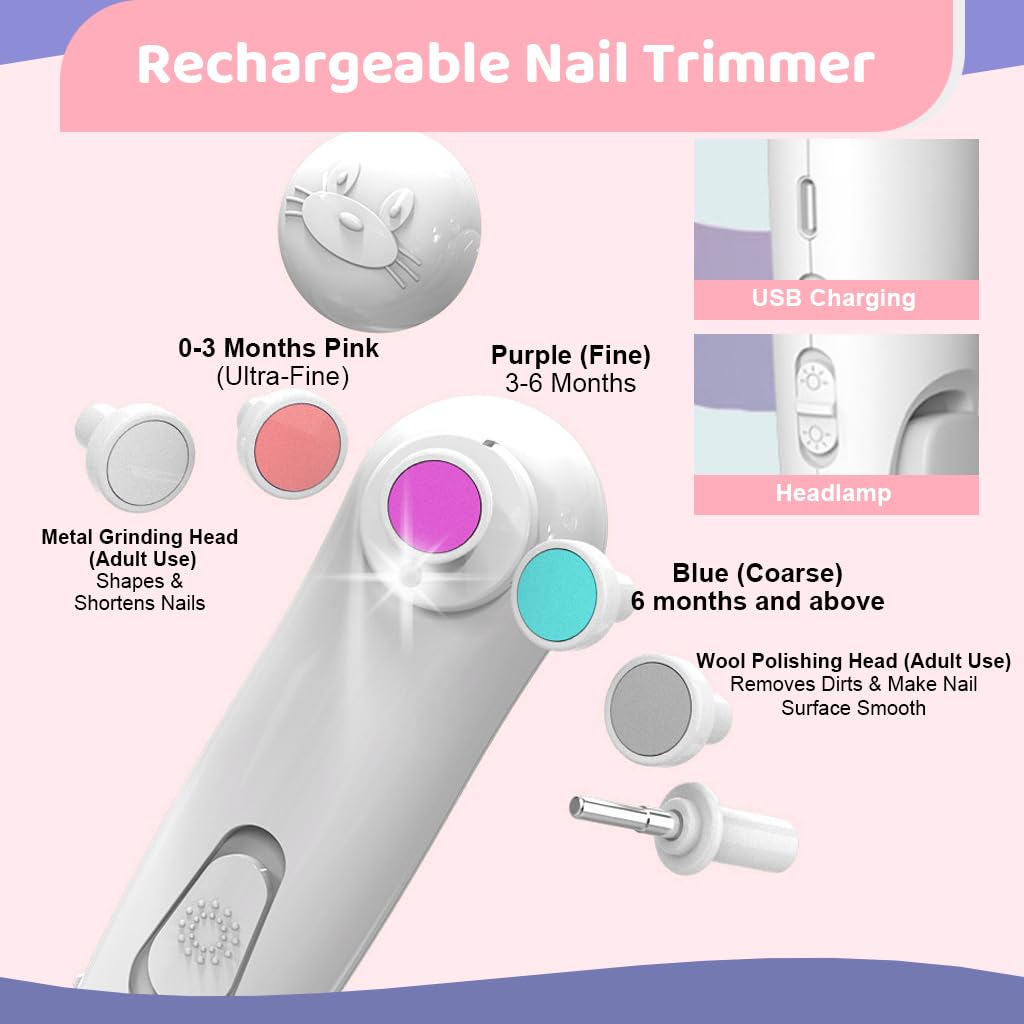 MAYCREATE Electric Nail Cutter for Baby with 6 Attachments and LED Light | USB Rechargeable