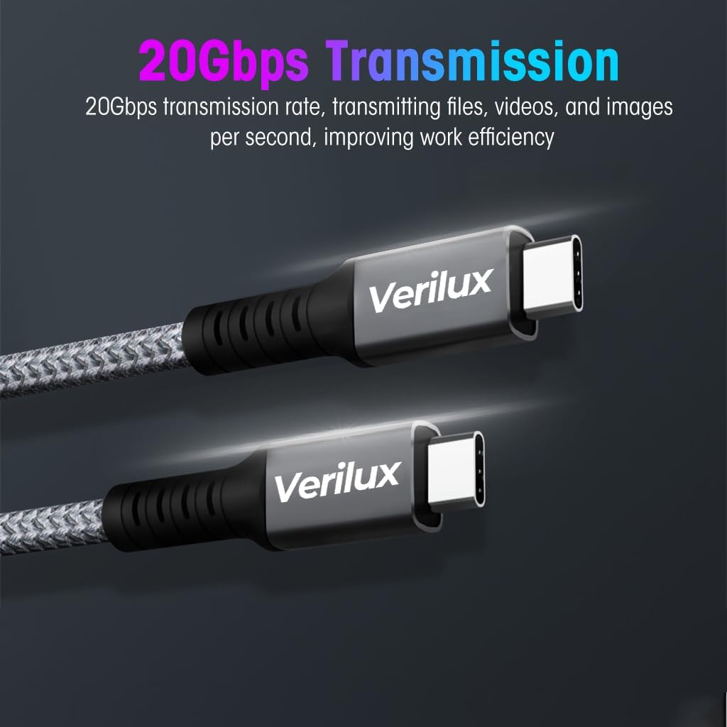 Verilux Type C Cable 4.9 ft for Fast Charging and 20Gbps Data Transfer | Supports 4K 60Hz Display