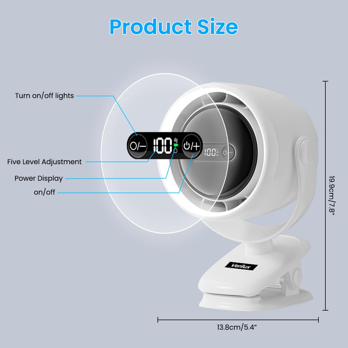 Verilux USB Mini Desk Fan for Home and Travel with 7200mAh Battery and Stepless Airflow | Clip-on LED Light