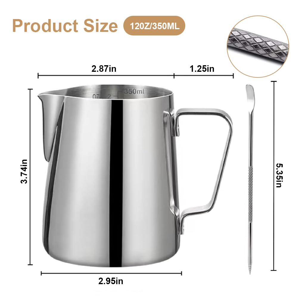 Supvox® 12oz Milk Frothing Pitcher with Scale, Stainless Steel Espresso Milk Frothing Pitchers for Cappuccino Barista Steam Pitchers Milk Jug Cup with Decorating Pen Latte Art