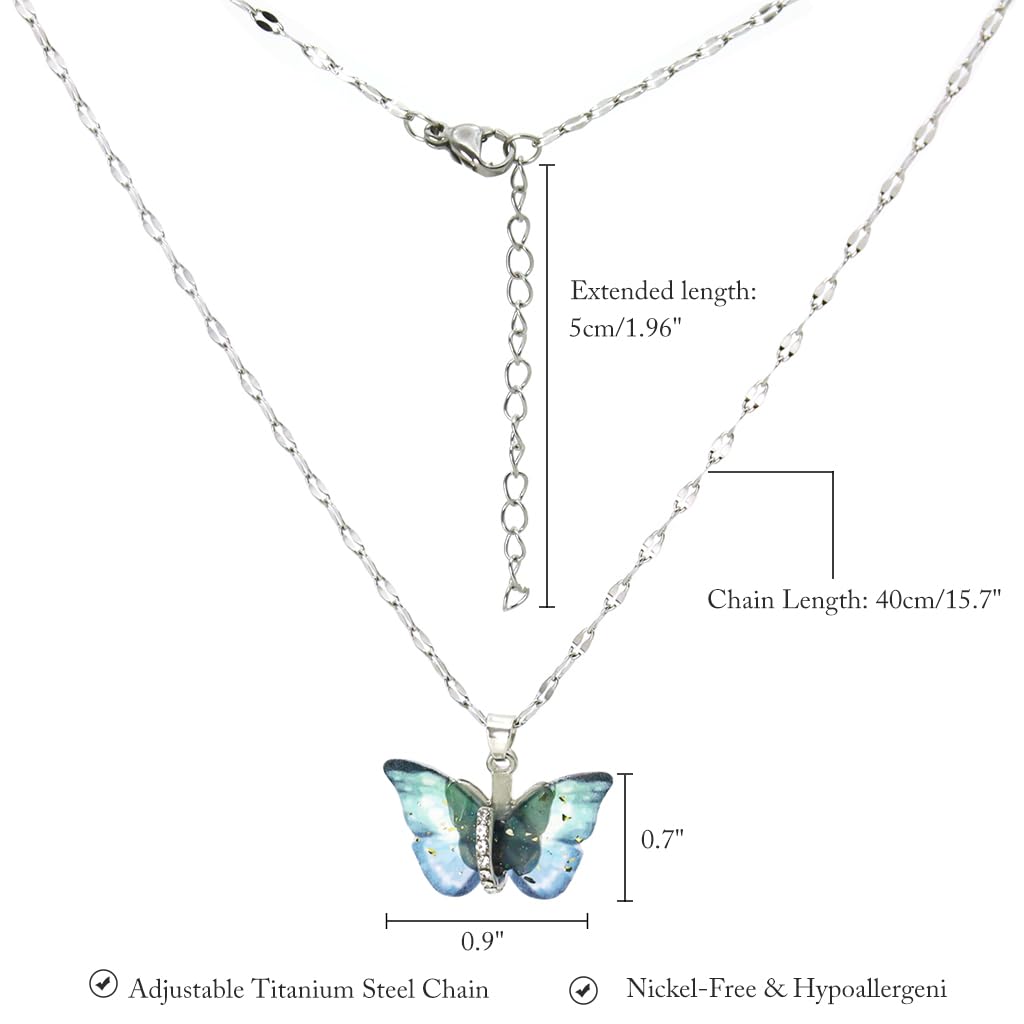Zibuyu Butterfly Necklace for Women featuring Blue Cubic Zirconia and Adjustable 15.75+3.94 in Titanium Steel Chain