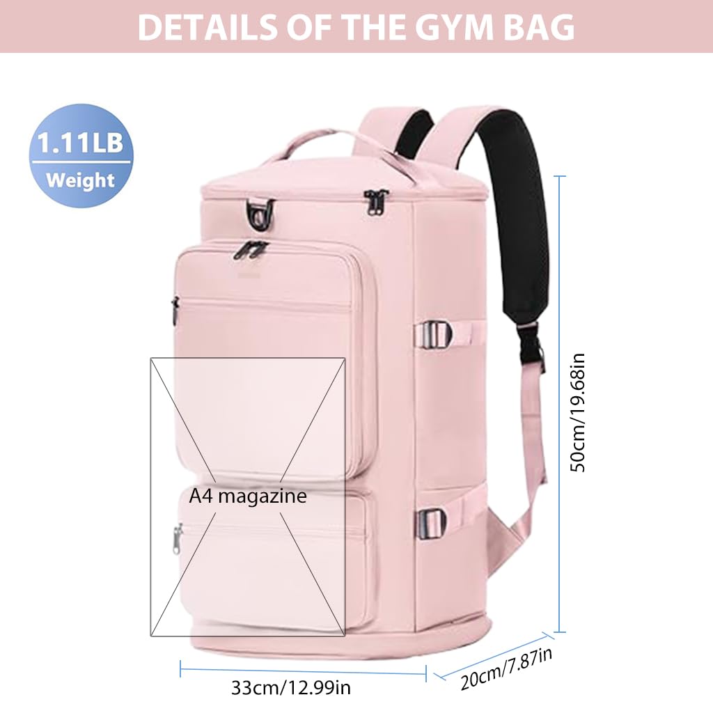 GUSTAVE Gym Bag for Women with 40L Capacity and Shoe Compartment in Pink Nylon | Travel & Fitness Backpack