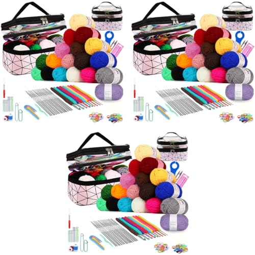 HASTHIP® DIY Crochet Hooks Color Yarn Kit with Zipper Bag Beginners Full Sizes Stainless Steel Multi Color 4-Strand Yarns Rolls Assorted Essential Tools 3PCS