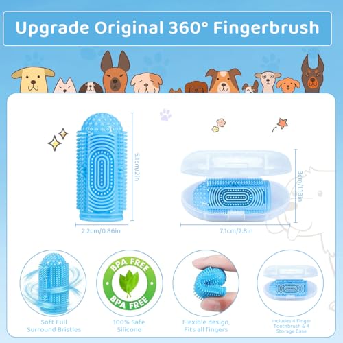 Qpets® Dog Toothbrush, Pet Teeth Cleaning Set Soft Silicone Finger for Dog, Protecting Dog Dental Health Pets Oral Care Supplies, Dog Toothbrush Index Finger Sleeve with Storage Case, Blue