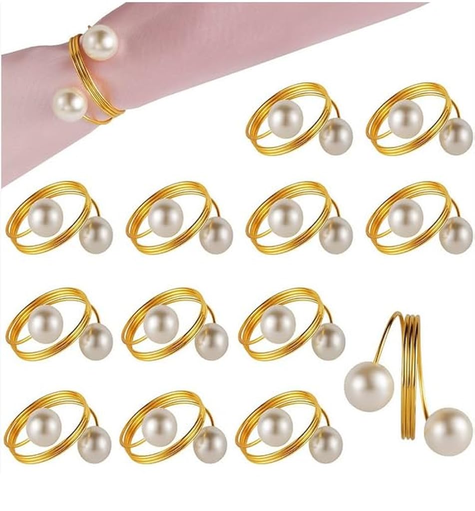 HASTHIP® 6Pcs Luxury Golded Wire Napkin Rings with Faux Pearl Charms, Elegant Napkin Holders for Table Settings, Wedding, Party & Holiday Dinner Decor